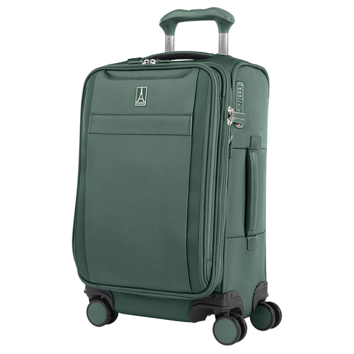 Angled front panel view of the green suitcase with the telescopic handle partly extended.