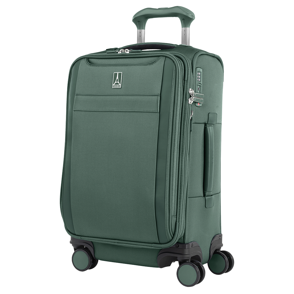 Angled front panel view of the green suitcase with the telescopic handle partly extended.