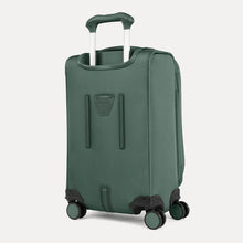 Load image into Gallery viewer, Angled back panel view of the green suitcase with the telescopic handle partly extended. 
