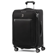 Load image into Gallery viewer, Angled front panel view of the black suitcase with the telescopic handle partly extended.

