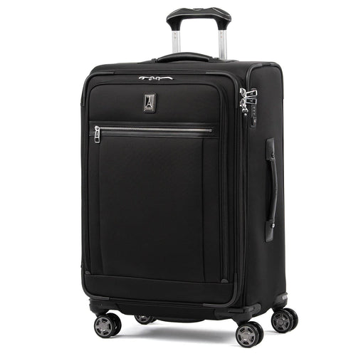 Angled front panel view of the black suitcase with the telescopic handle partly extended.