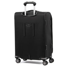 Load image into Gallery viewer, Angled back panel view of the black suitcase with the telescopic handle partly extended. 
