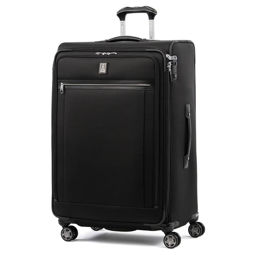 Angled front panel view of the black suitcase with the telescopic handle partly extended.