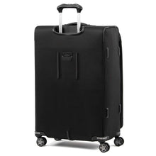 Load image into Gallery viewer, Angled back panel view of the black suitcase with the telescopic handle partly extended. 
