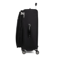 Load image into Gallery viewer, Side panel view of the black suitcase with the telescopic handle partly extended. It features a grab handle and a TSA approved three-digit combination lock. 
