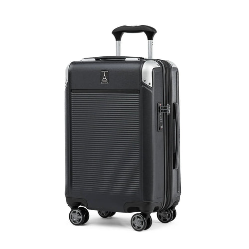 Angled front panel view of the suitcase with the telescopic handle partly extended. 
