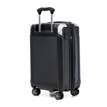 Load image into Gallery viewer, Angled back panel view of the black suitcase with the telescopic handle partly extended. 
