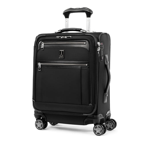 Angled front panel view of the suitcase. 