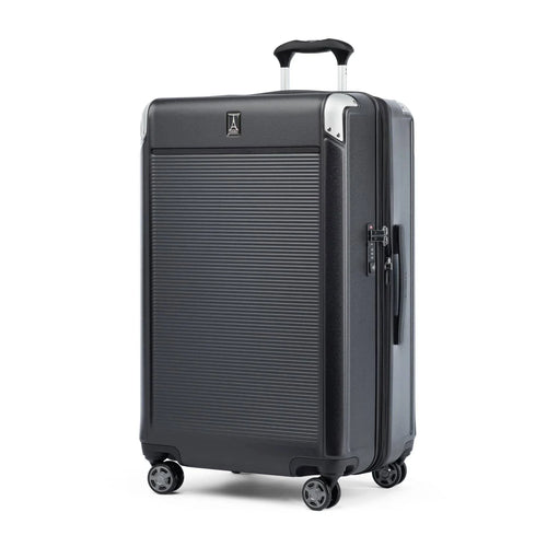 Angled front panel view of the suitcase with the telescopic handle partly extended. 