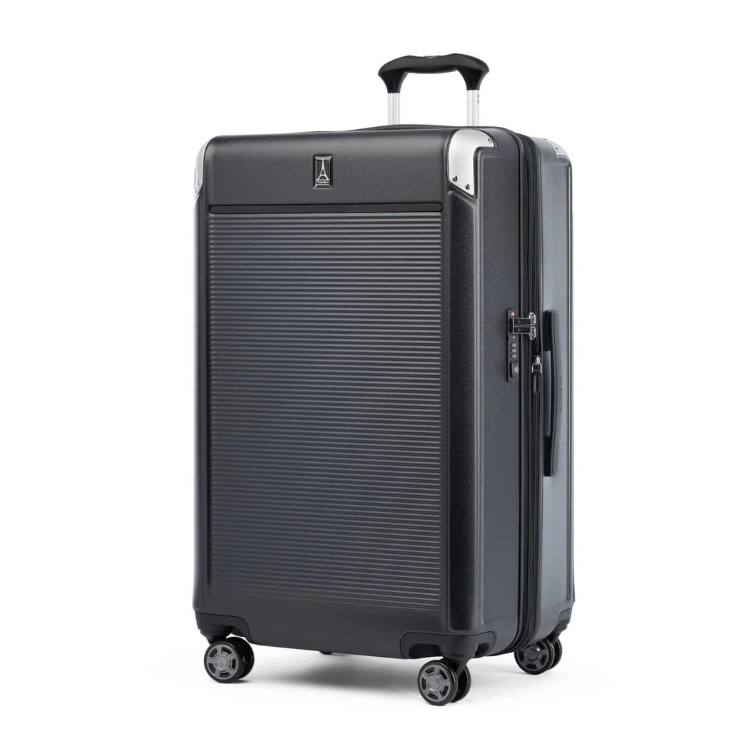 Angled front panel view of the suitcase with the telescopic handle partly extended. 