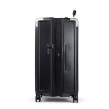 Load image into Gallery viewer, Side panel view of the black suitcase with the expandable option unzipped. 
