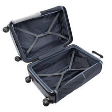 Load image into Gallery viewer, Interior view of the suitcase with the panel dividers unzipped, showing the adjustable straps

