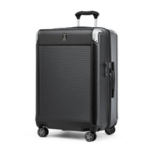 Load image into Gallery viewer, Angled front panel view of the black suitcase with the telescopic handle partly extended. 
