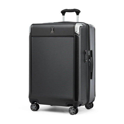 Angled front panel view of the black suitcase with the telescopic handle partly extended. 