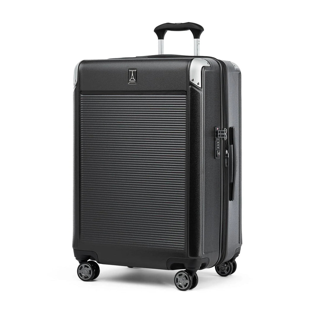 Angled front panel view of the black suitcase with the telescopic handle partly extended. 