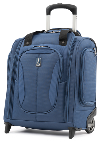 Angled front panel view of the blue underseater wheeled suitcase. The telescopic handle is partly extended.