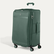 Load image into Gallery viewer, Angled front panel view of the green suitcase.
