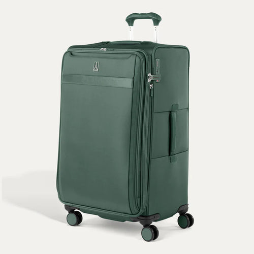 Angled front panel view of the green suitcase.