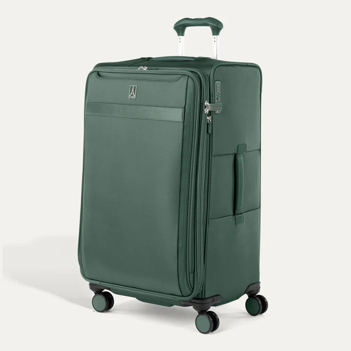 Angled front panel view of the green suitcase.