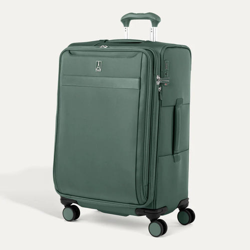 Angled front panel view of the green suitcase
