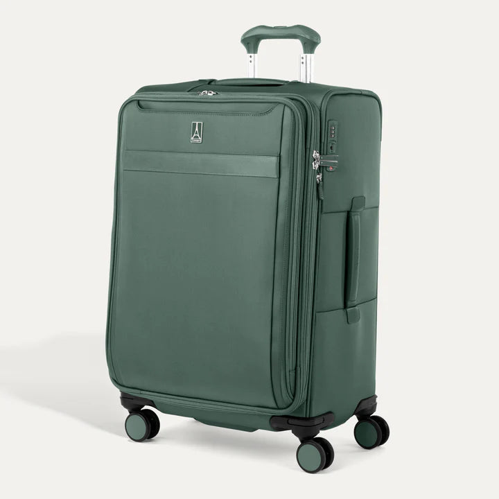 Angled front panel view of the green suitcase