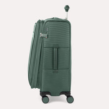 Load image into Gallery viewer, Side panel view of the green suitcase. it features a grab handle and a TSA approved three-digit combination lock. 
