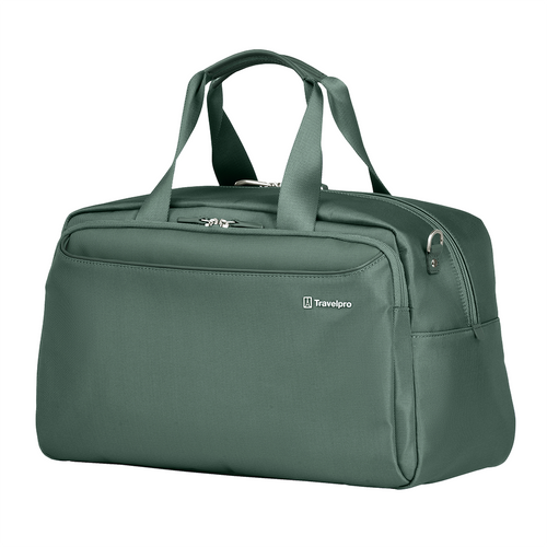 Angled front panel view of the green bag.