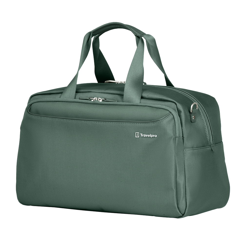 Angled front panel view of the green bag.