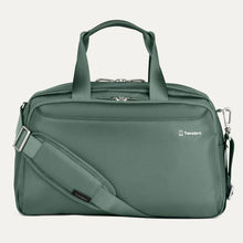 Load image into Gallery viewer, Front panel view of the green suitcase with the shoulder strap arranged across.
