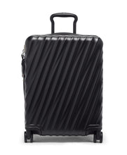 Load image into Gallery viewer, Front panel view of the black hardshell suitcase. The telescopic handle is partly extended. 
