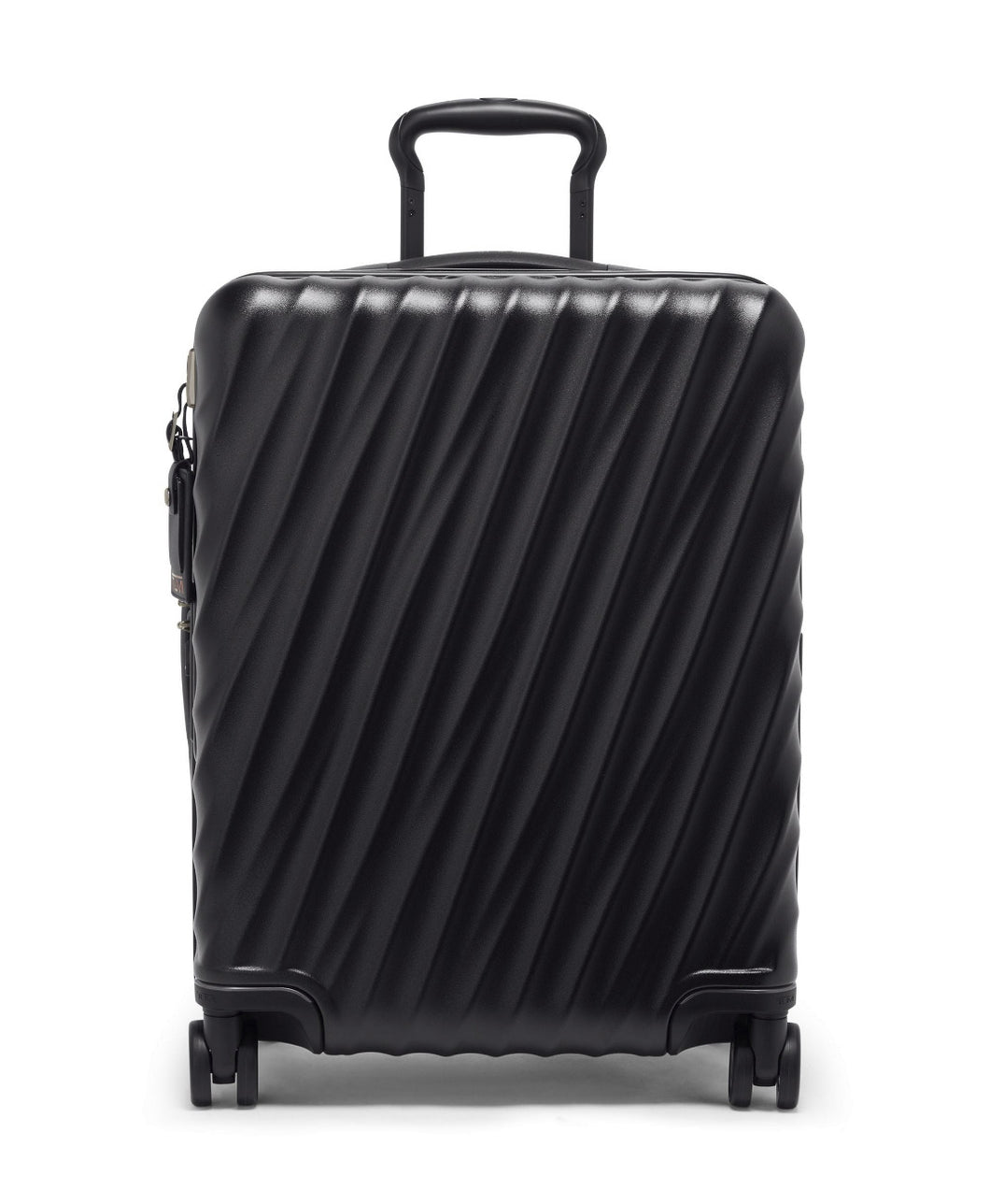 Front panel view of the black hardshell suitcase. The telescopic handle is partly extended. 