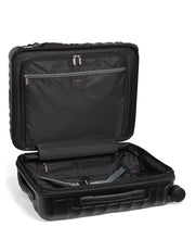 Load image into Gallery viewer, Interior view of the suitcase. The front panel has a zipper-closing divider and the back panel a set of adjustable straps to hold your contents. 
