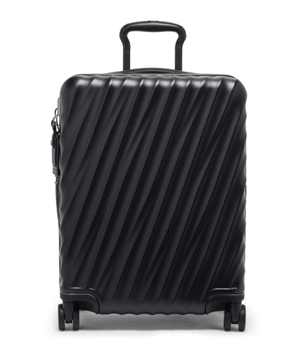 Front panel view of the black suitcase with the telescopic handle partly extended. 