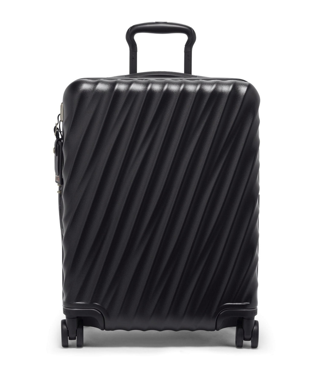 Front panel view of the black suitcase with the telescopic handle partly extended. 