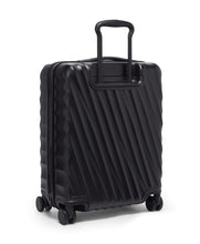 Load image into Gallery viewer, Angled back panel view of of the suitcase. The telescopic handle is partly extended. 
