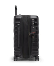 Load image into Gallery viewer, Side panel view of the suitcase with the expandable feature unzipped. It features a grab handle, a tag, a usb plug, and a TSA approved three-digit combination lock. 
