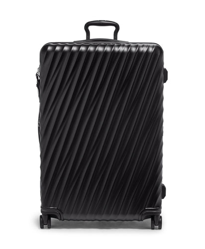 Front panel view of the suitcase with the telescopic handle partly extended.