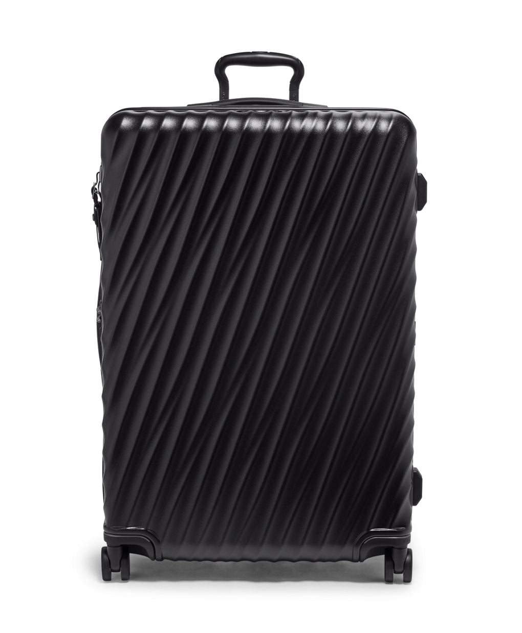 Front panel view of the suitcase with the telescopic handle partly extended.