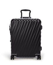 Load image into Gallery viewer, Front panel view of the suitcase with the telescopic handle partly extended. 
