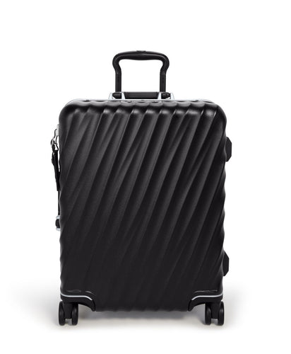 Front panel view of the suitcase with the telescopic handle partly extended. 