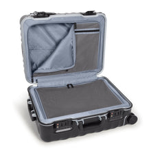 Load image into Gallery viewer, Angled interior view of the suitcase showing a panel divider partly unzipped. 
