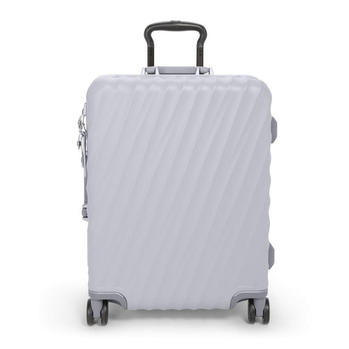 Front panel view of the pearl gray suitcase.