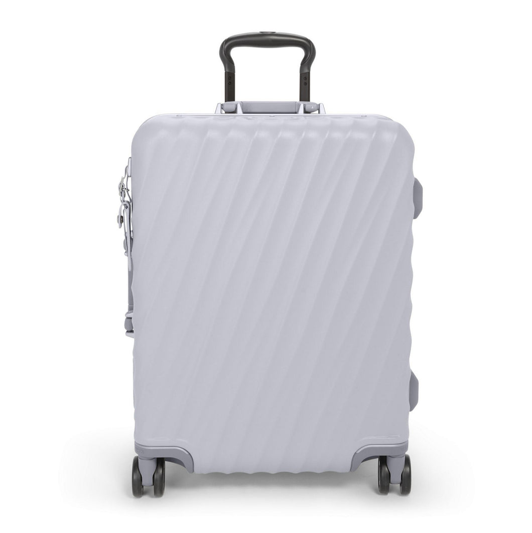 Front panel view of the pearl gray suitcase.