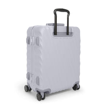 Load image into Gallery viewer, Angled back panel view of the suitcase with the black telescopic handle partly extended. 
