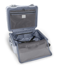 Load image into Gallery viewer, Interior view of the suitcase showing the zipper-closing dividers. The interior of the back panel has a set of adjustable straps to hold your contents. 
