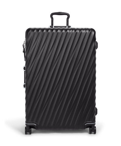 Front panel view of the black suitcase. 