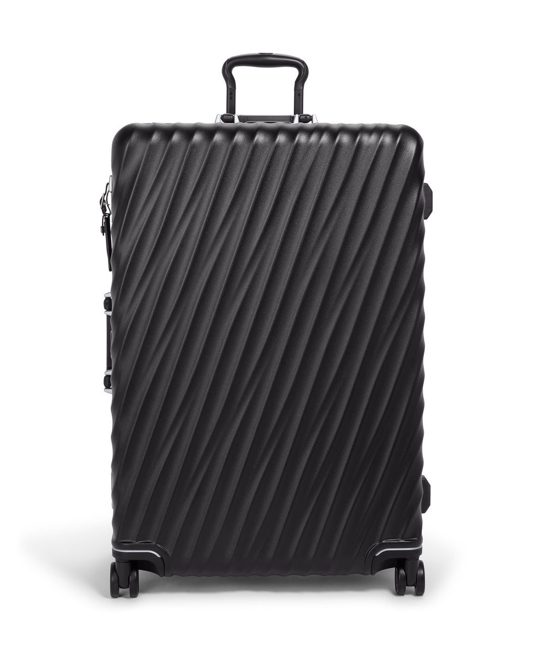 Front panel view of the black suitcase. 