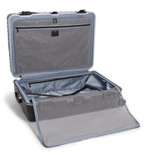 Load image into Gallery viewer, Interior view of the suitcase showing the zipper divider of the back panel opened. 
