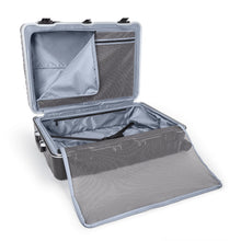 Load image into Gallery viewer, Interior view of the suitcase showing the zipper dividers opened. 
