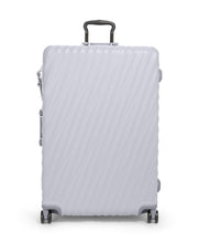 Load image into Gallery viewer, Front panel view of the pearl grey suitcase with black accents. 
